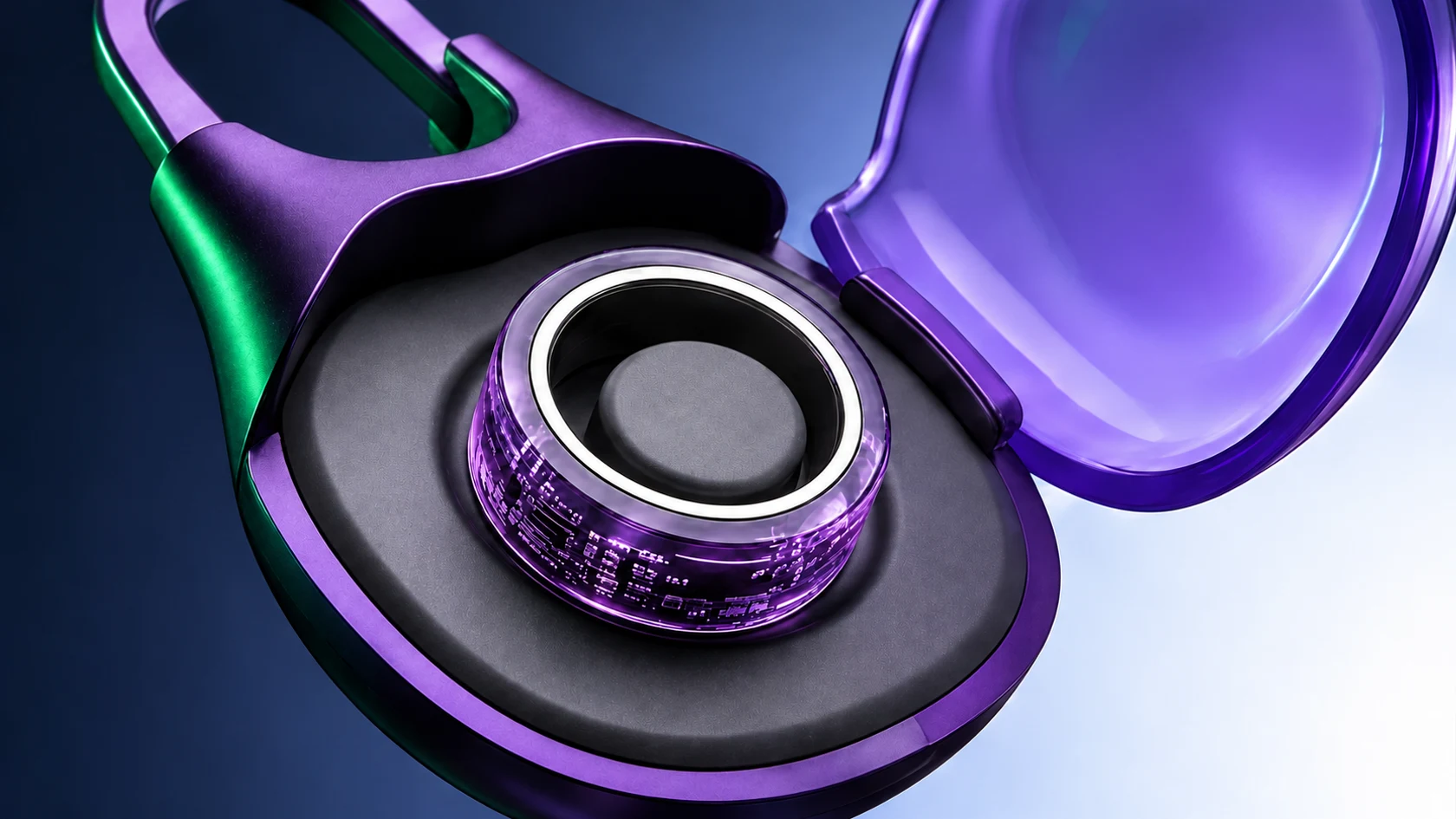The ring in its open charging case